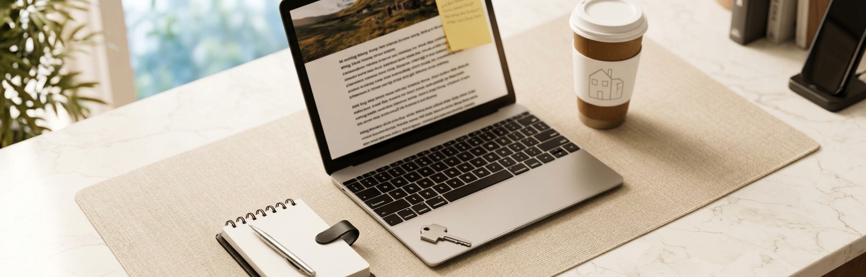 Laptop, notepad, and coffee on a desk representing homeowner resources and articles